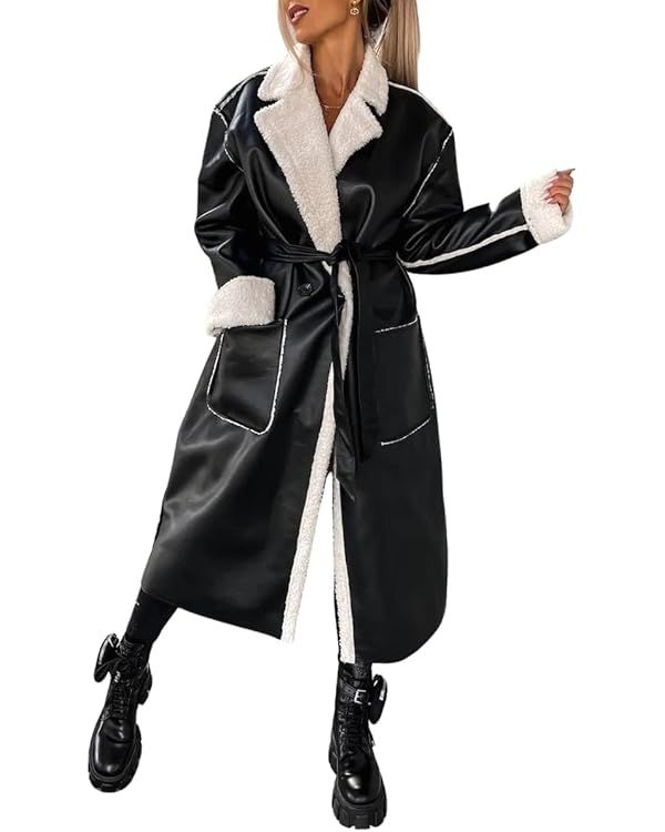 chouyatou Women's Thick Windproof Faux Leather Sherpa Lined Belted Long Trench Coat Outerwear | Amazon (US)