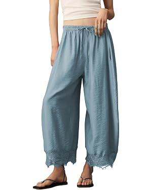PUWEI Women's Cropped Lace-Hem Pants High Waisted Drawstring Wide Leg Pants Casual Lightweight Tr... | Amazon (US)