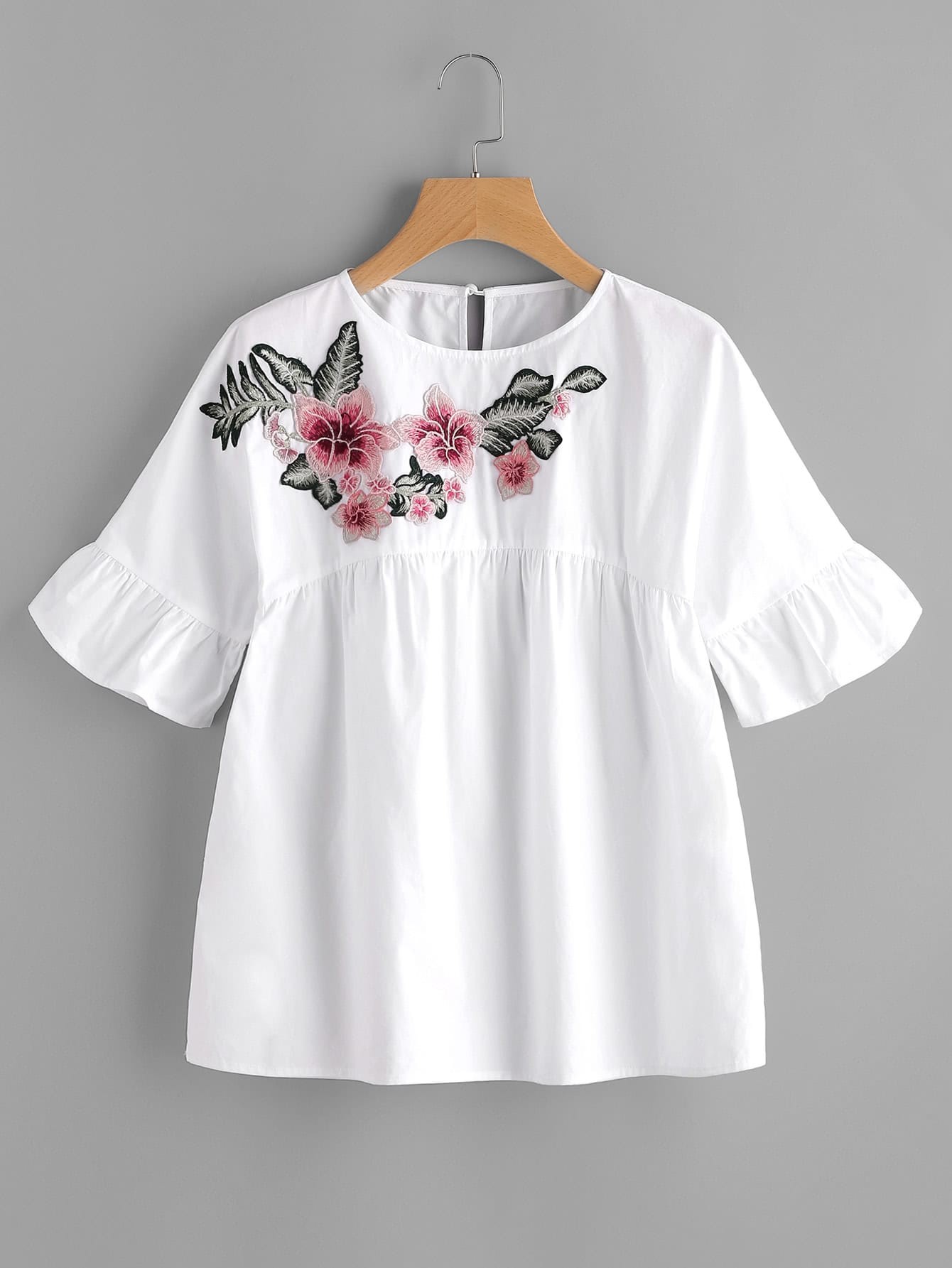 Embroidered Flower Embellished Ruffle Sleeve Babydoll Top | SHEIN