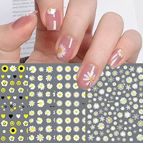 12 Sheets Spring Daisy Nail Art Stickers Decals 3D Self Adhesive White Yellow Flowers Smile Face Sum | Amazon (US)