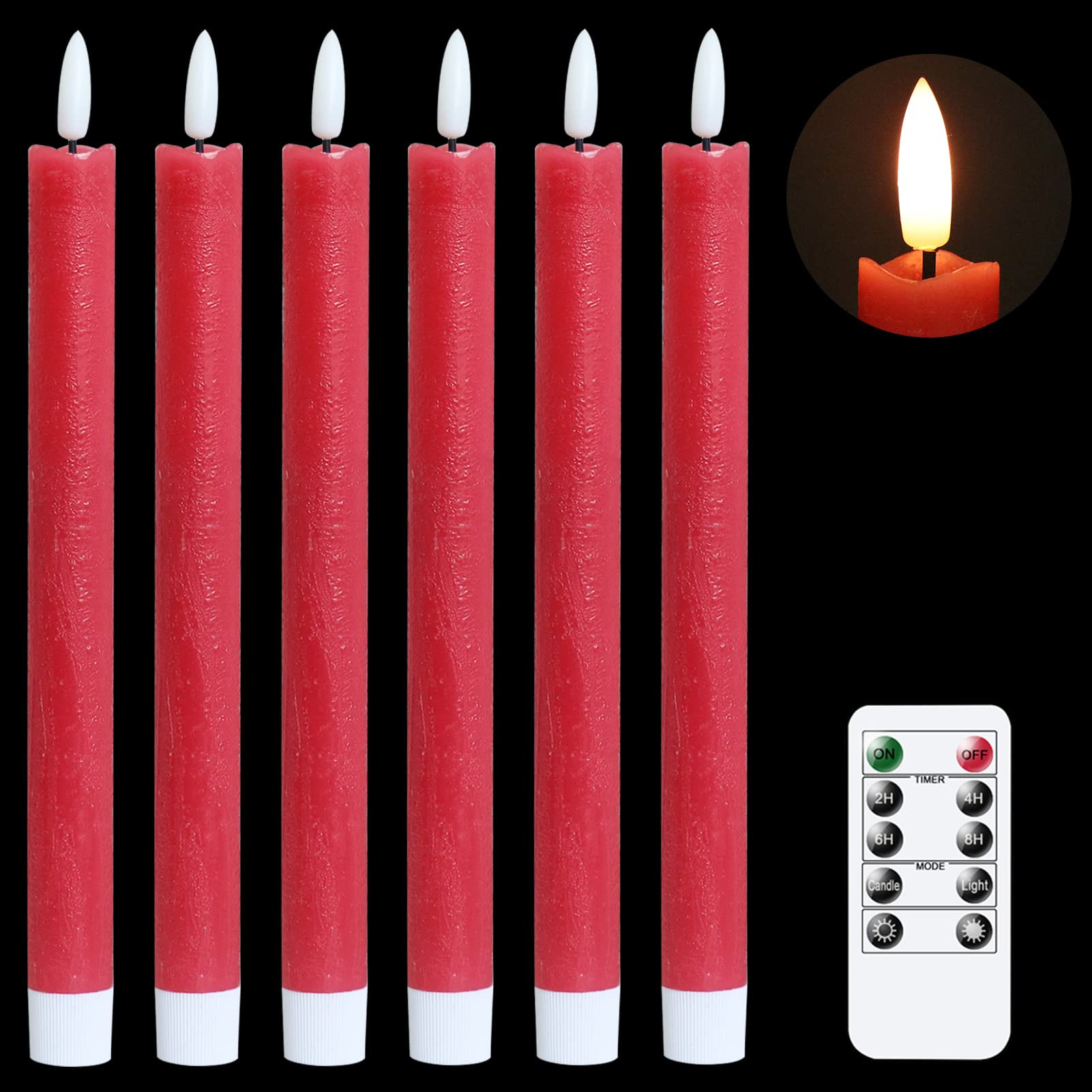 GenSwin Flameless Red Taper Candles Flickering with 10-Key Remote, Battery Operated Led Warm 3D W... | Amazon (US)