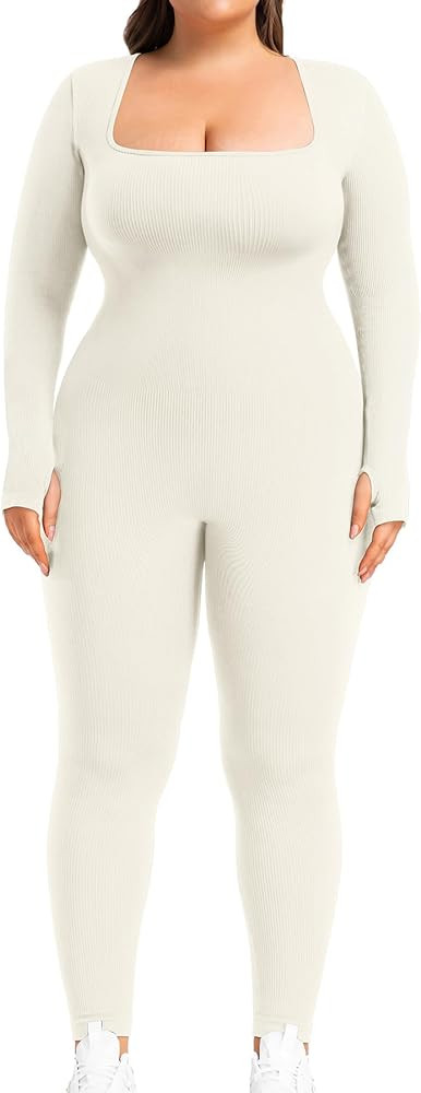 BLEVONH Women's Yoga Jumpsuits Ribbed Workout Rompers Square Neck Long Sleeve Bodysuits Full Leng... | Amazon (US)