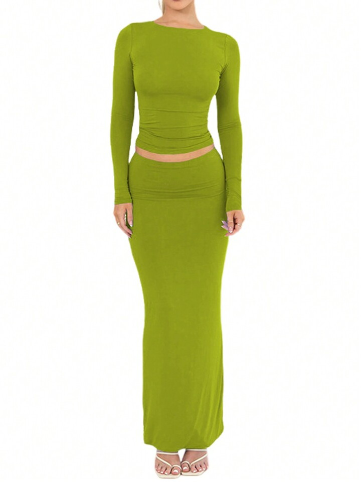 SHEIN Privé Women's Solid Color Round Neck Ruffle Top And Skirt Set | SHEIN