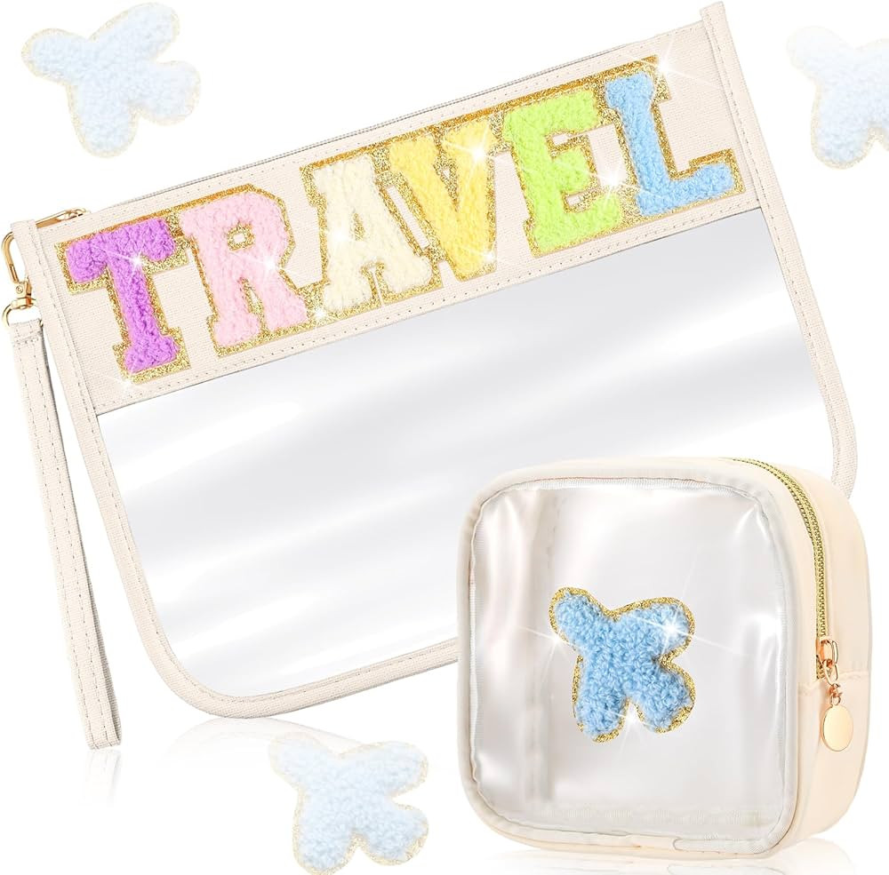 Hillban 2 Pcs Chenille Letter Makeup Bags Travel Clear Makeup Bag Cosmetic Toiletry Bags Weekend ... | Amazon (US)