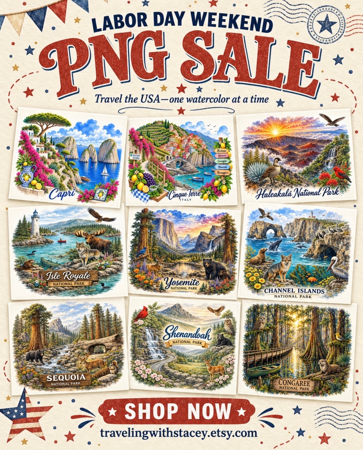 🇺🇸 Labor Day Weekend PNG Sale! 🇺🇸

Turn your favorite destinations into something unforgettable. From America’s breathtaking national parks to the colorful coastlines of Italy, these original watercolor designs are perfect for shirts, mugs, ornaments, stickers, travel bags, gifts, and more!

Shop the sale and start creating your next travel-inspired favorite. ✈️🎨

🛍️ travelingwithstacey.etsy.com

#LaborDaySale #TravelPNG #WatercolorArt #EtsyDigitalDownload #TravelingWithStacey

#LTKTravel #LTKSaleAlert #LTKdayinmylife