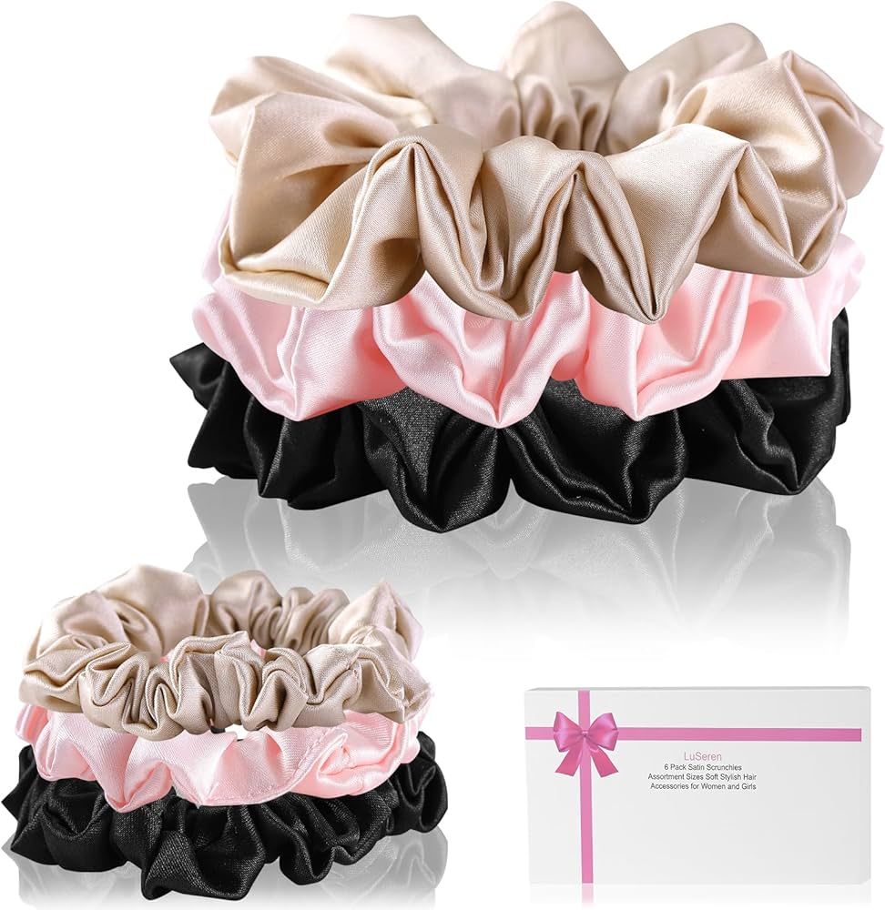 LuSeren 6 Pack Silk Satin Scrunchies for Women -Assortment Sizes Soft Stylish Silk Hair Scrunchie... | Amazon (US)