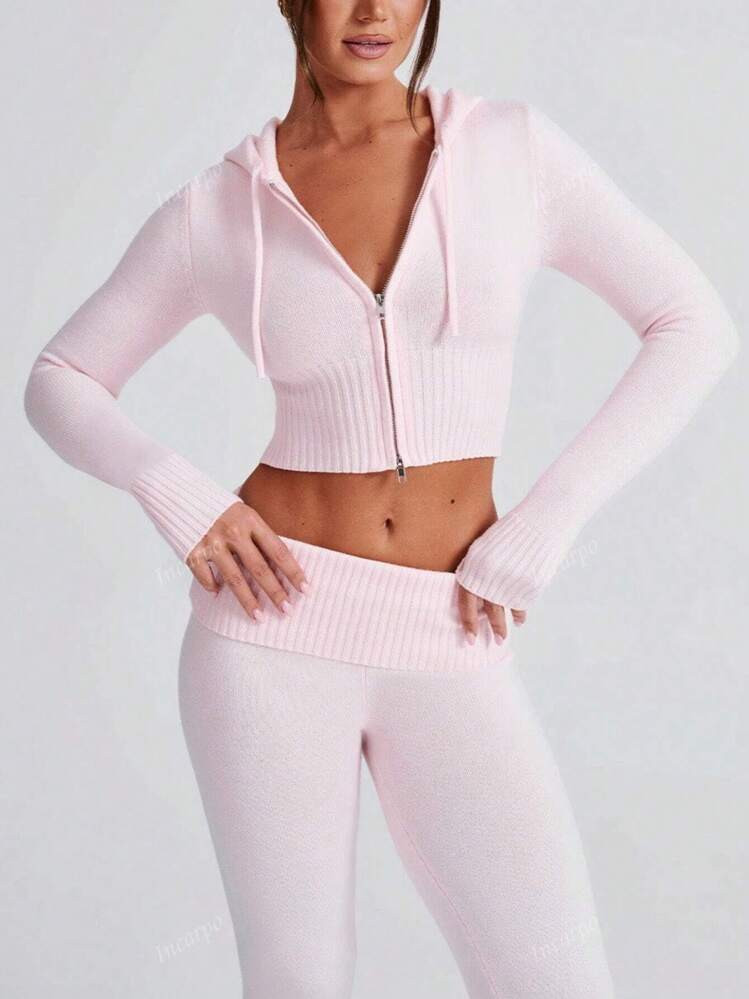 Women's Solid Front Zipper Long Sleeve Minimalist Hoodie, Stylish & Sexy Casual Sweater | SHEIN