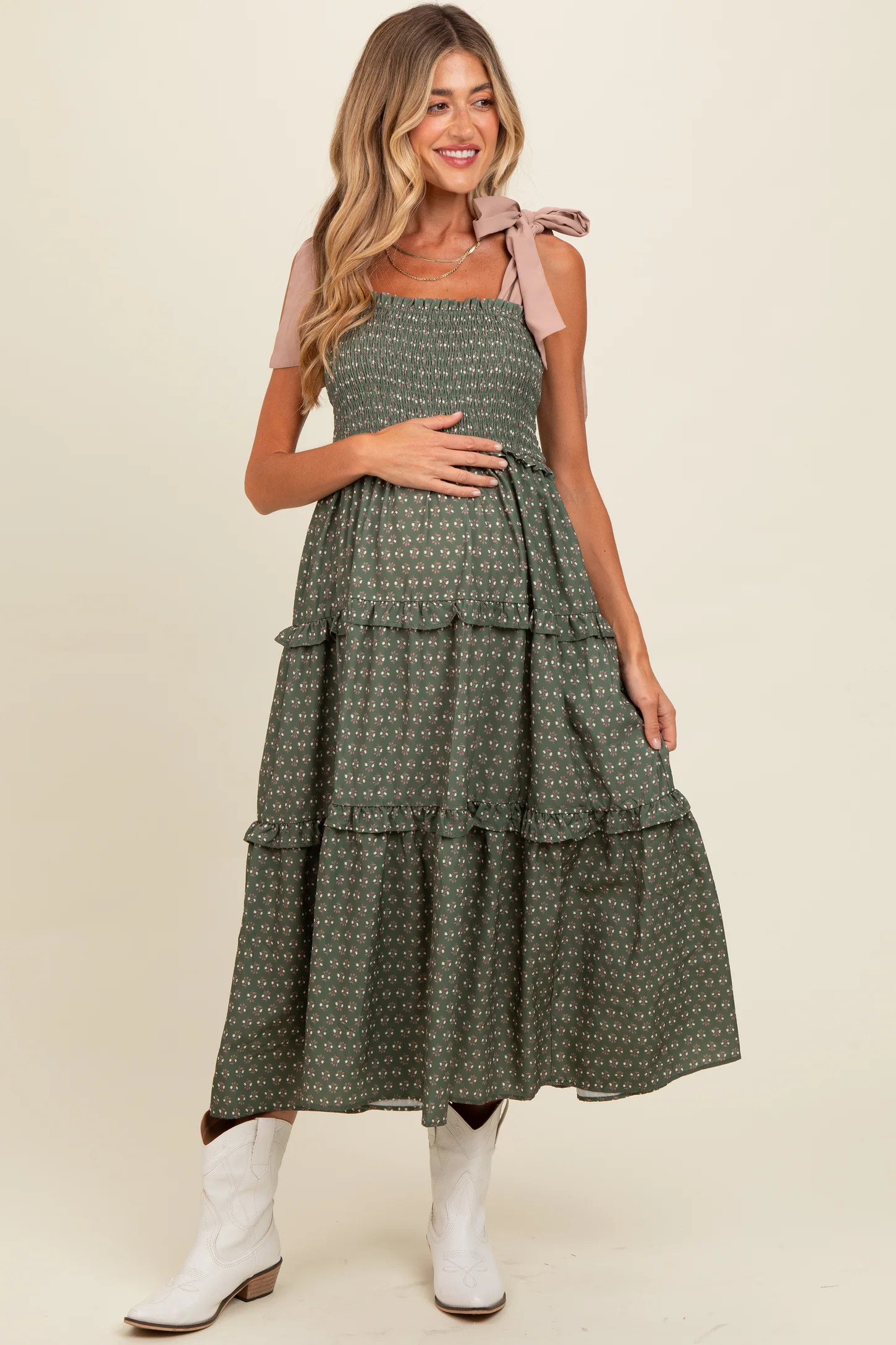Olive Floral Print Contrast Shoulder Tie Tiered Maternity Midi Dress | PinkBlush Maternity