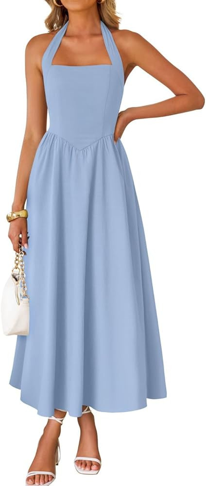 ZESICA Women's Summer Sleeveless Halter Midi Dress 2026 Off Shoulder High Waist Flowy Formal Wedd... | Amazon (US)