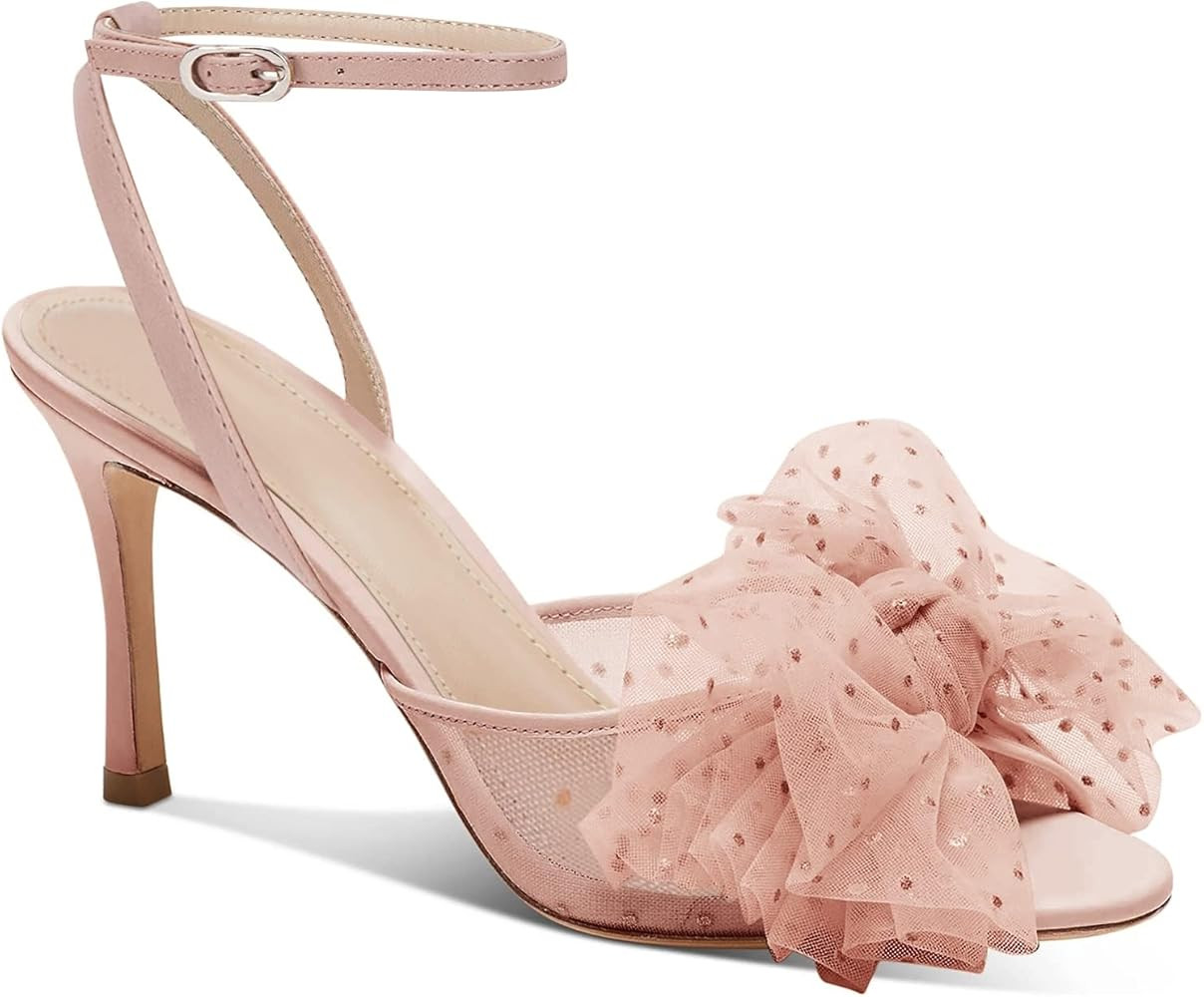 Coutgo Womens Bow Tie Heels Sandals Slingback Peep Toe Wedding Heels Mesh High Stiletto Heel Summ... | Amazon (US)