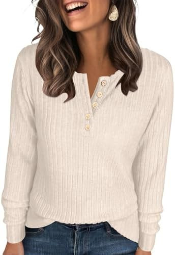 ANRABESS Ribbed Long Sleeve Henley Shirts for Women | Soft lightweight Sweaters, Loose Fit, Offic... | Amazon (US)