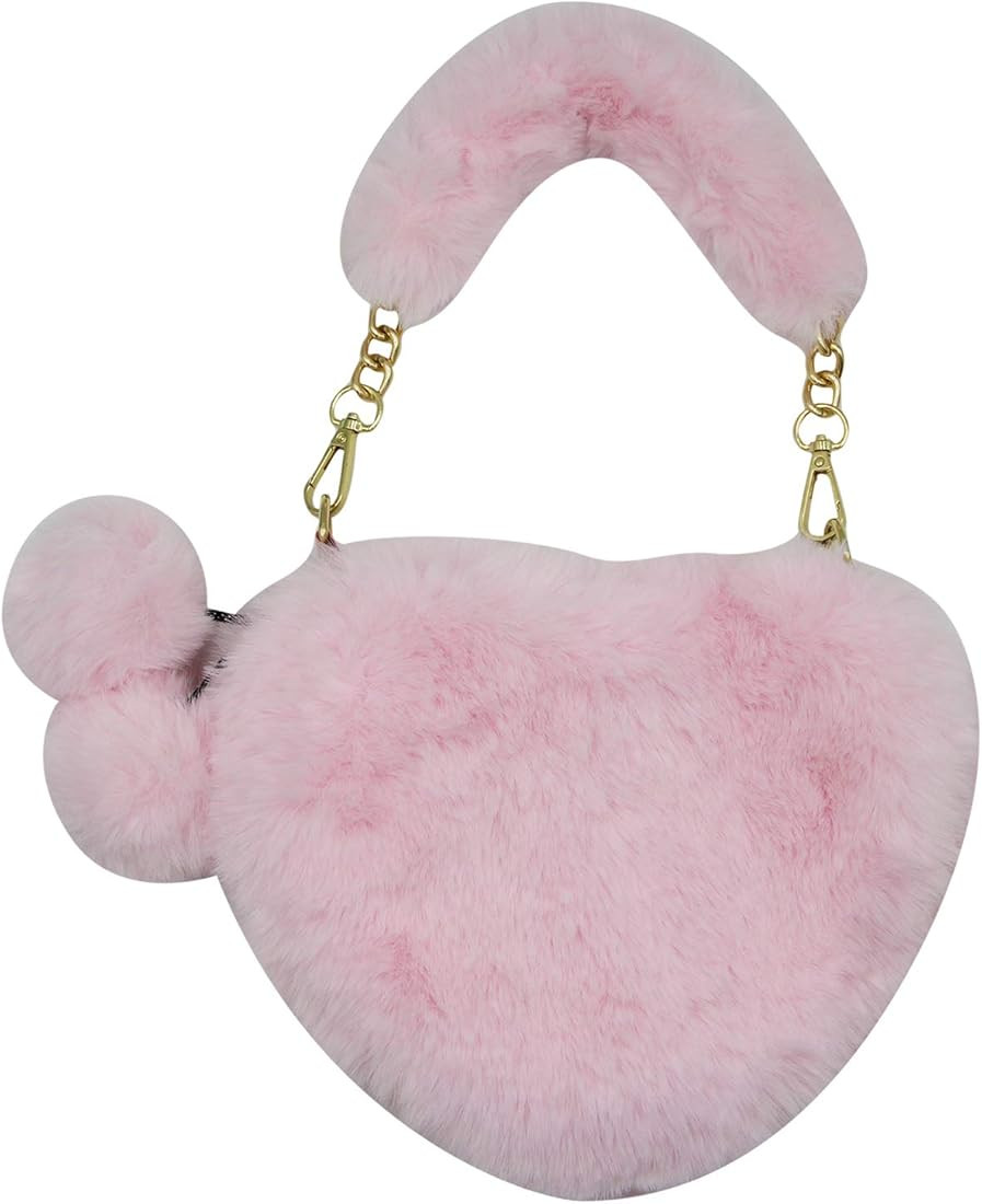 Women Girls Faux Fur Heart Shaped Handbag Plush Shoulder Bag Clutch Purse with Metal Chain Strap | Amazon (US)