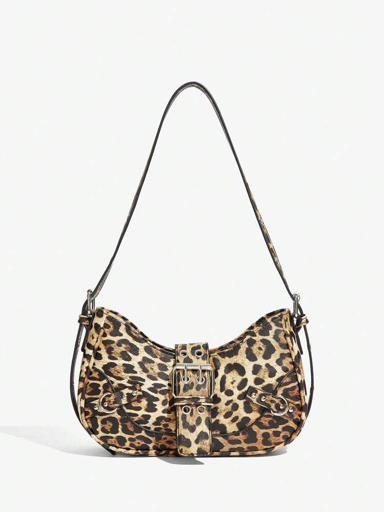 SHEIN ICON 1pc Punk Style Rivet Decor Y2K Adjustable Shoulder Strap Women Crossbody Bag, Leopard Print, Animal Print, Suitable For Teenagers, Leopard Print Cheetah Bag For Women Leopard Comeback | SHEIN