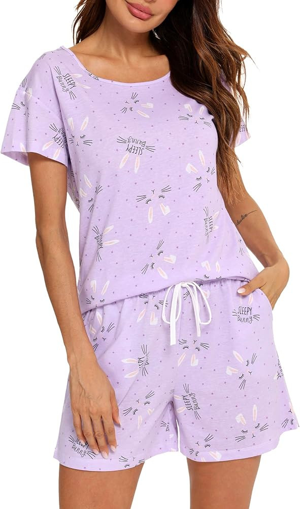 ENJOYNIGHT Womens Pajama Shorts Sets Cotton Pjs Summer Cute Sleepwear with Pockets | Amazon (US)