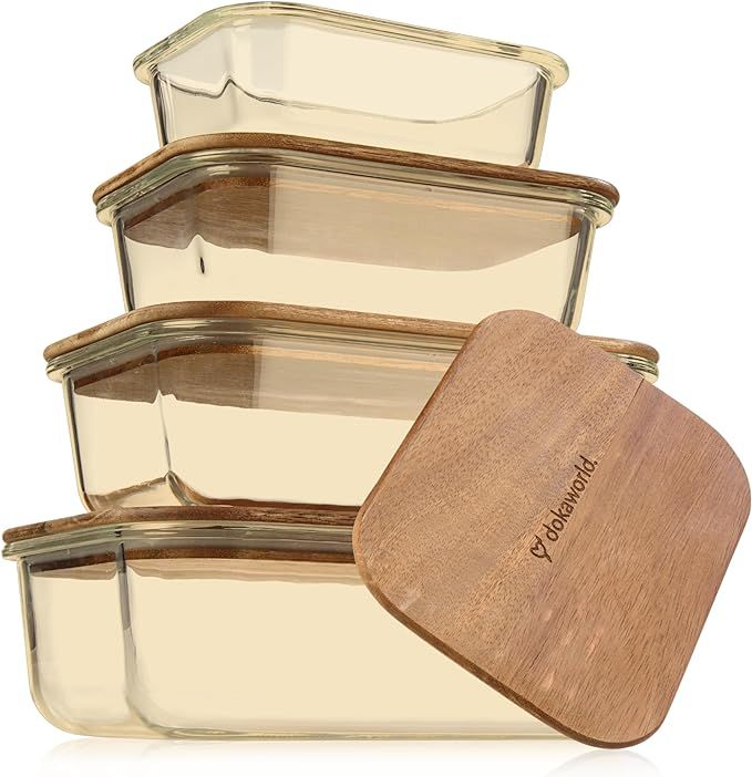 Glass Food Storage Containers With Acacia Lids – Amber Glass Meal Prep Containers Set – 4 Air... | Amazon (US)