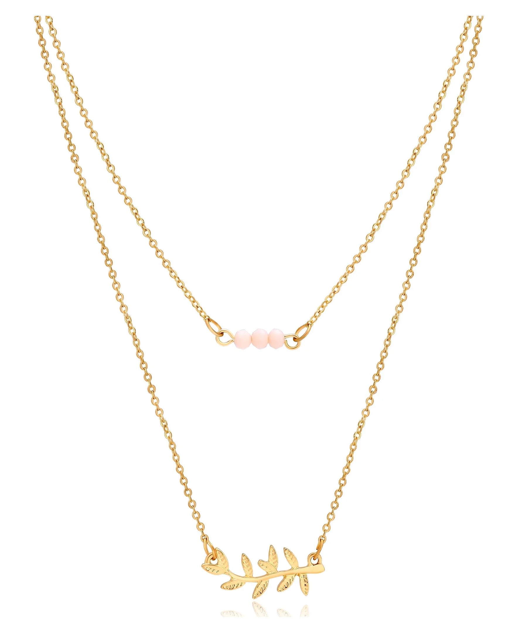 Time and Tru Women's Gold Tone Delicate Duo Layered Peach Glass Bead and Leaf Necklaces. | Walmart (US)
