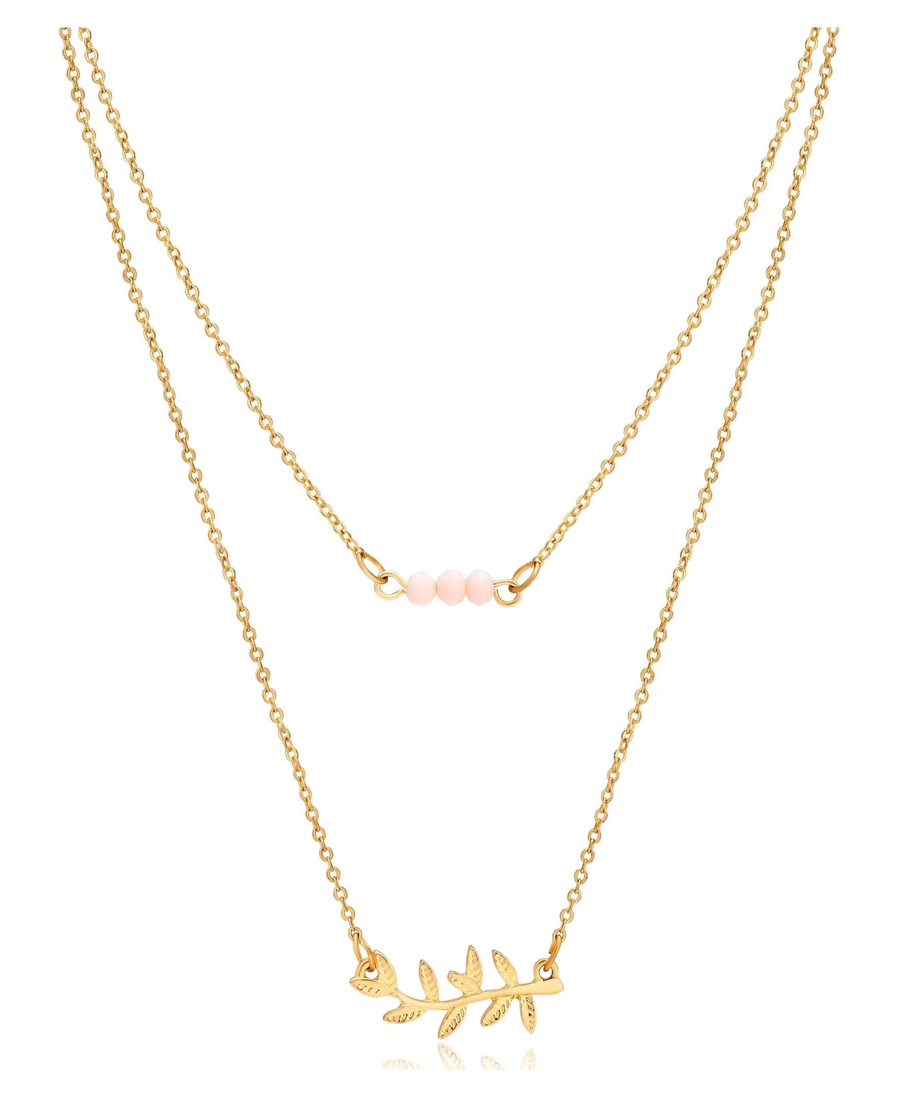 Time and Tru Women's Gold Tone Delicate Duo Layered Peach Glass Bead and Leaf Necklaces. | Walmart (US)