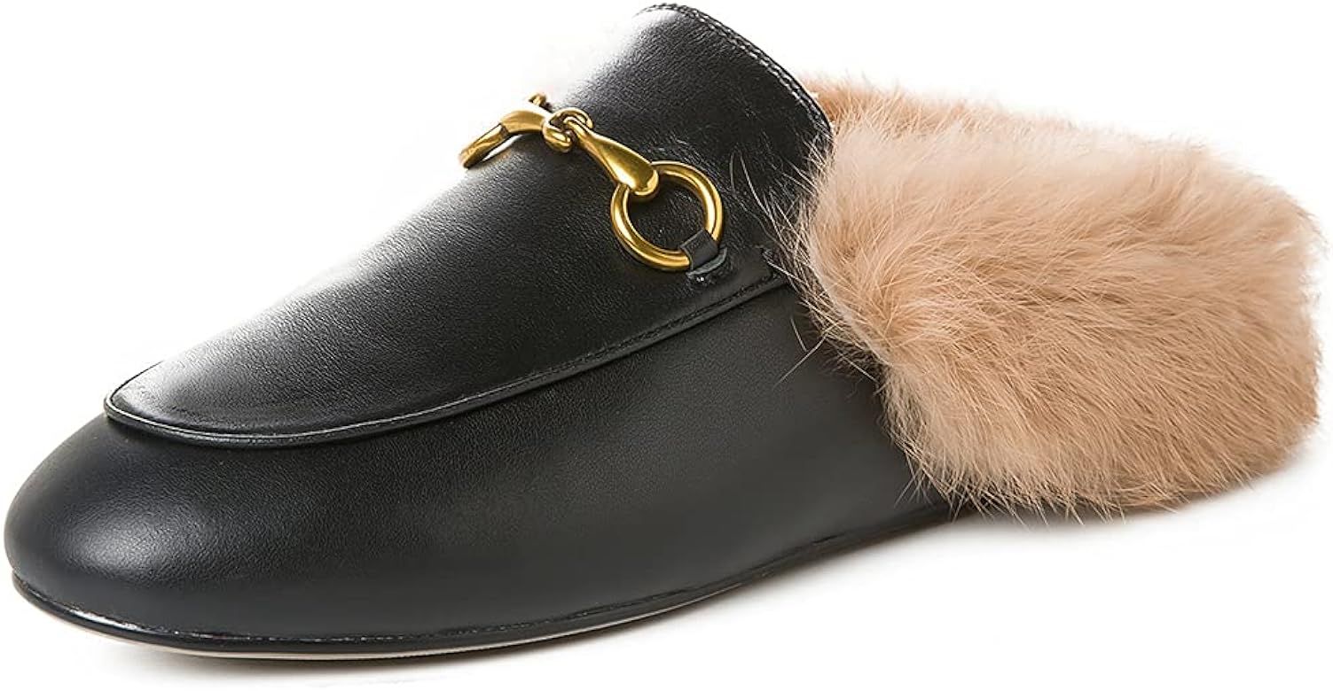 LSYXMYZL Women's Mules Leather Slides Flats Buckle Sandals Fur Mule for Lady and Girls | Amazon (US)