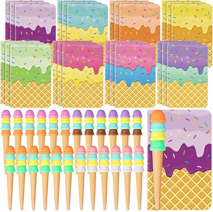 Qeeenar 48 Pieces Summer Ice Cream Party Favors 24 Pcs Colorful Notepads 24 Pcs Ice Cream Pens Su... | Amazon (US)