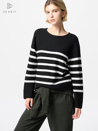 Women's 3D Knit Cotton Sweater Striped Black 2XL UNIQLO US | UNIQLO (US)