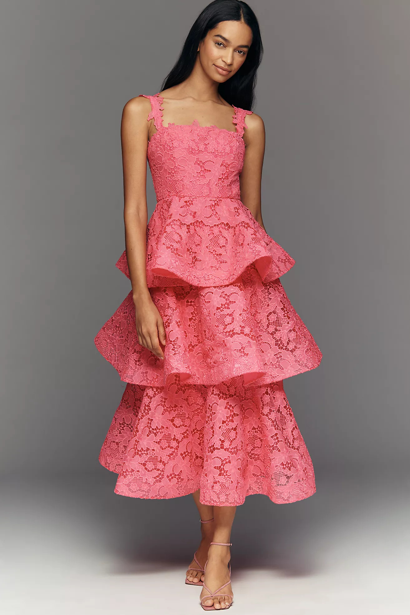 Mac Duggal Leena Tiered Lace Square-Neck Midi Dress | Anthropologie (US)