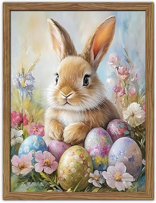 Easter Bunny Wall Art Poster, Cute Bunny with Eggs Picture Prints, Vintage Cottage Holiday Theme ... | Amazon (US)