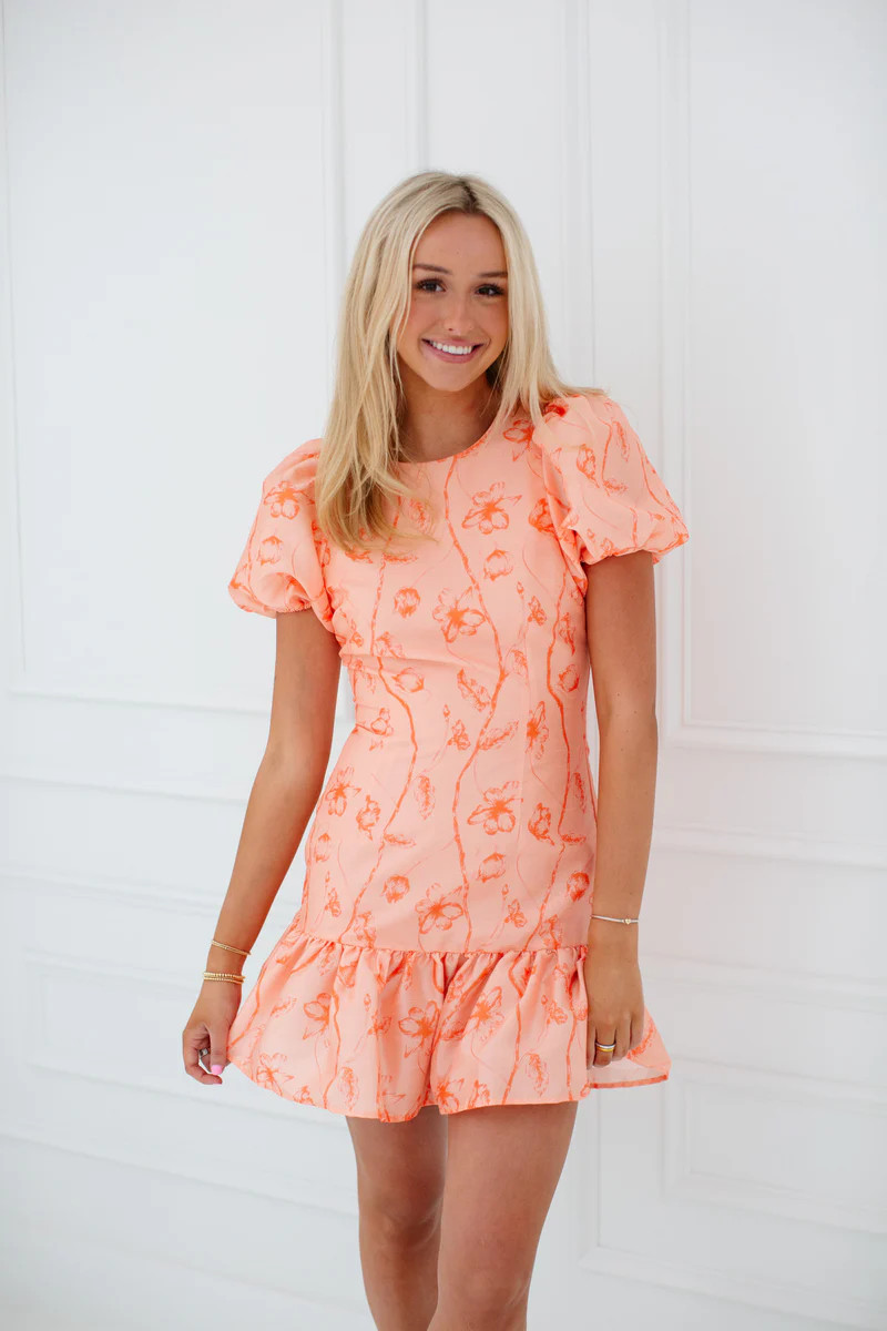 Rayan Dress - Peach Inked Trellis Floral | Triple Threads