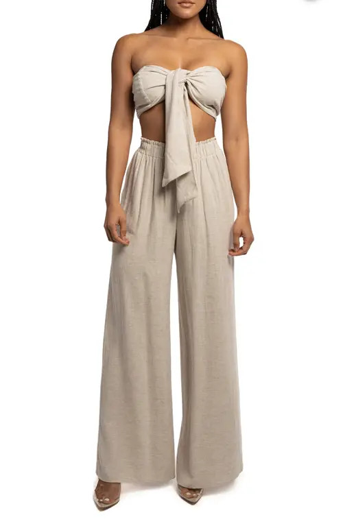 JLUXLABEL Two-Piece Strapless Crop Top & Wide Leg Pants Set in Sand at Nordstrom, Size Medium | Nordstrom
