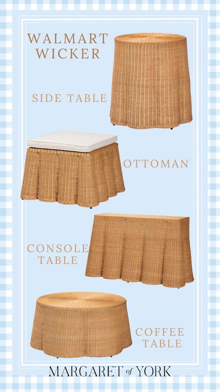 Can you believe these pieces are from Walmart? Gorgeous ottoman or foot stool, console table, side table, and coffee table. Coastal furniture, grand millenial, coastal rattan, wicker furniture, wicker console, wicker side table The prices are great too!

#LTKhome