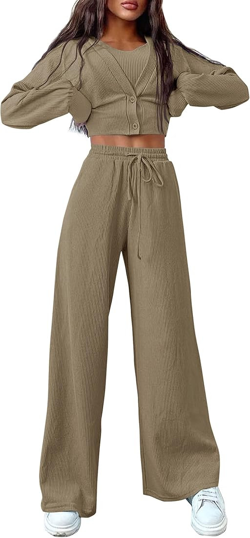 PRETTYGARDEN Womens 2023 Fall Track Suits 3 Piece Outfits Matching Sets Ribbed Knit Cardigan Crop... | Amazon (US)