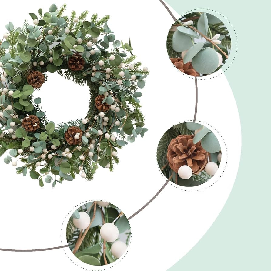 Idyllic Eucalyptus Wreath for Front Door,20" White Berries Christmas Wreath with Pine Cones, Deco... | Amazon (US)