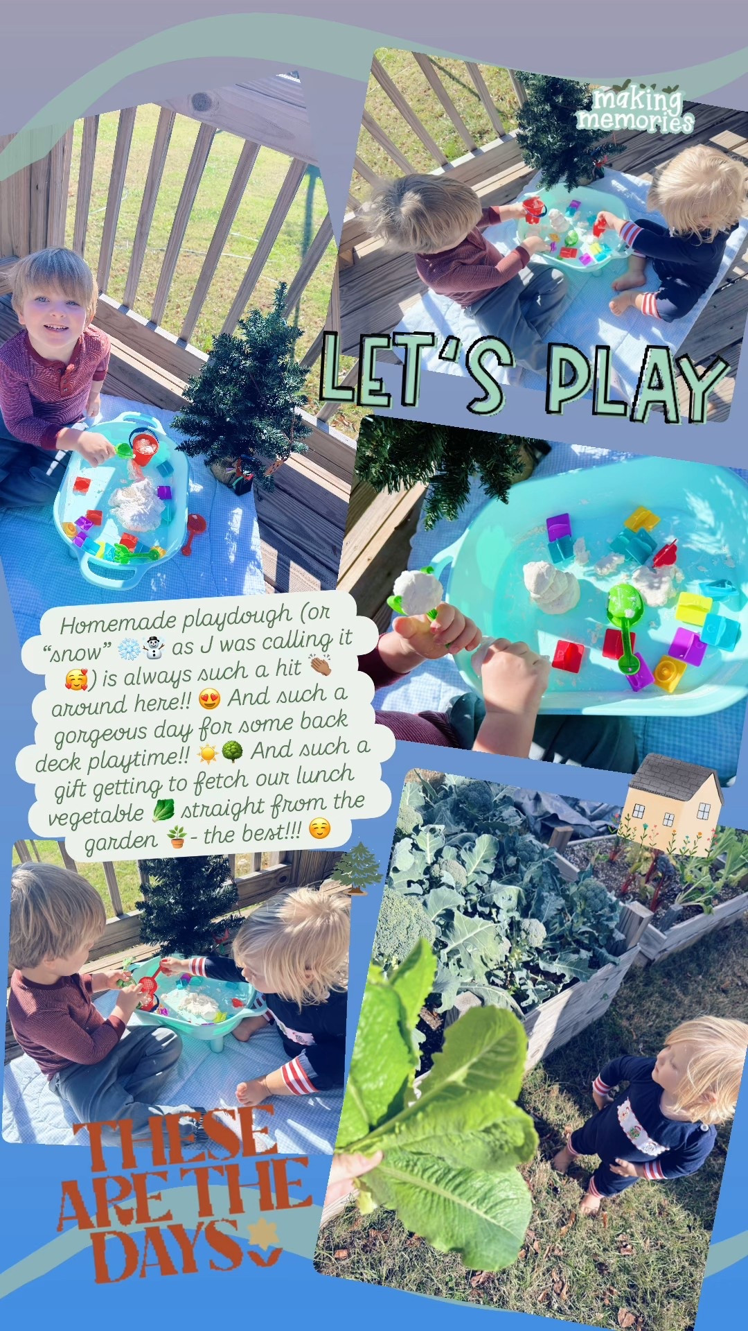 Homemade playdough (or “snow” ❄️☃️ as J was calling it 🥰) is always such a hit 👏🏽 around here!! 😍 And such a gorgeous day for some back deck playtime!! ☀️🌳 And such a gift getting to fetch our lunch vegetable 🥬 straight from the garden 🪴- the best!!! ☺️