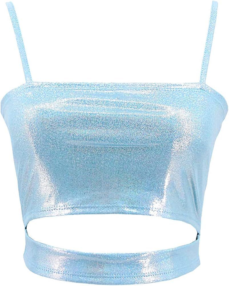 Giovacker Women's Slim Crop Tops Bandage Cutout Bohemia Tank Tops Cami Vest Blue, Medium | Amazon (US)