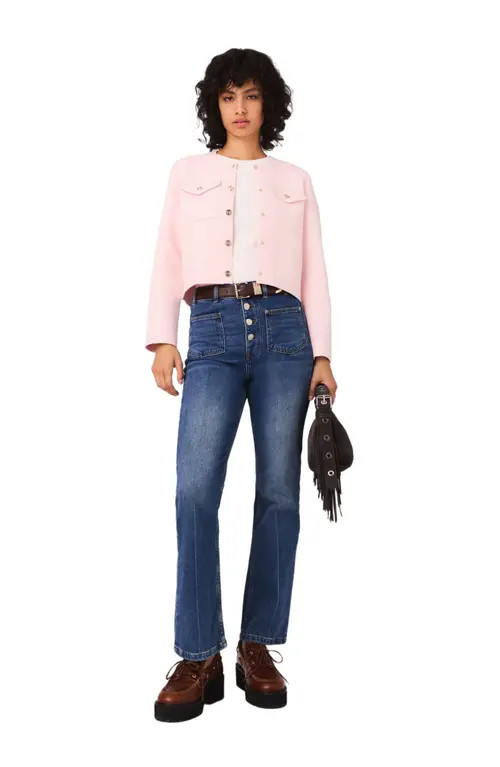 maje Topstitched cropped cardigan in Pink at Nordstrom, Size Medium | Nordstrom