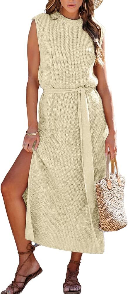 Asskdan Womens Elegant Solid A-Line Sleeveless Slit Midi Sweater Knit Dress with Belt | Amazon (US)