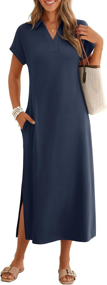 MEROKEETY Women's Summer Casual Maxi Dress 2026 Cap Sleeve V Neck Collared Beach Vacation T Shirt... | Amazon (US)