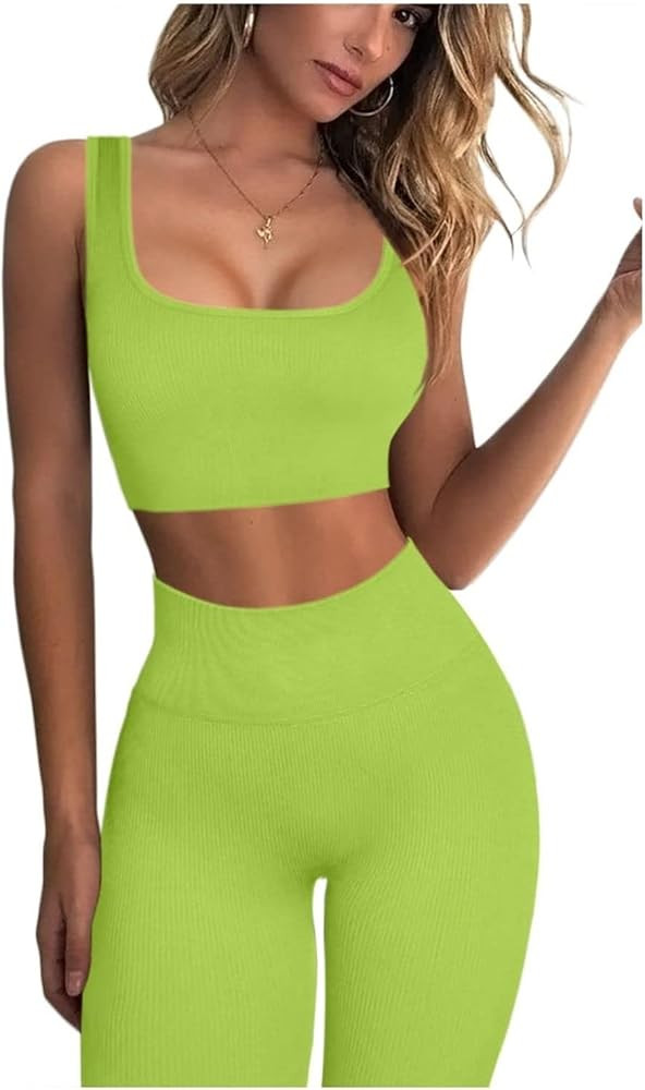 Ribbed Workout Outfits for Women 2 Piece Seamless Sport Bra High Waist Yoga Leggings Sets | Amazon (US)