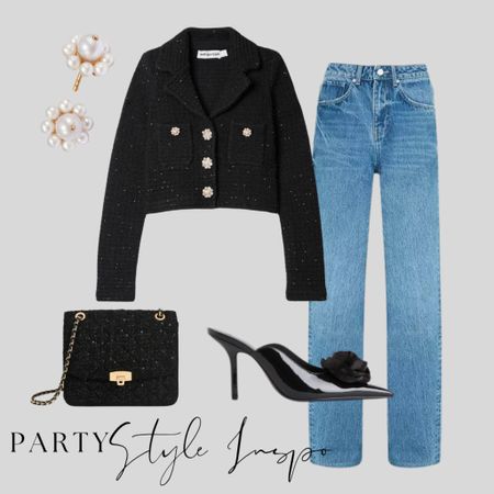 Dressed down party festive looks, perfect for after work drinks, midweek friends cocktails 

Boucle jacket, wide leg jeans, 