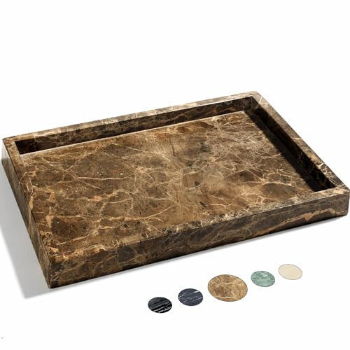 YMXYJM Real Natural Marble Tray for Bathroom, Genuine Marble Stone Vanity Tray, Luxury Storage Trays for Kitchen, Vanity, Home Decor, Dresser, Non-Resin/Non-Ceramic, 12"x 8"x 1.2", Dark Brown | Amazon (US)