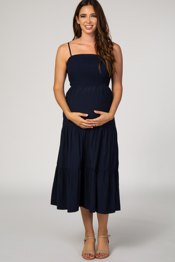 Navy Smocked Tiered Maternity Midi Dress | PinkBlush Maternity