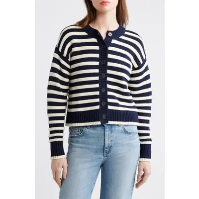 Madewell Button Front Cotton Crewneck Cardigan in Light Umber And Ivory at Nordstrom, Size Large | Nordstrom