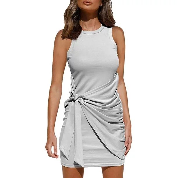 Casual Bodycon Short Women's Summer Tank Dress Crew Neck Ruched Tie Waist Sleeveless Solid Mini D... | Walmart (US)