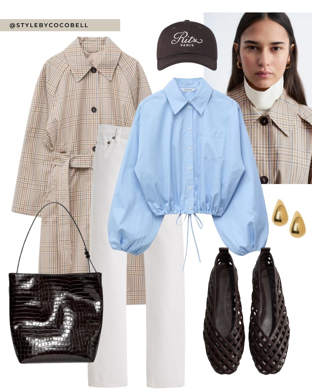 icy blue blouse, light blue drawstring shirt, cropped blue shirt, balloon sleeve blouse, white straight leg jeans, spring white denim, plaid trench coat, neutral plaid coat, brown woven flats, chocolate brown accessories, black croc tote bag, gold statement earrings, spring capsule outfit, scandi spring style, icy blue color trend


#LTKspring