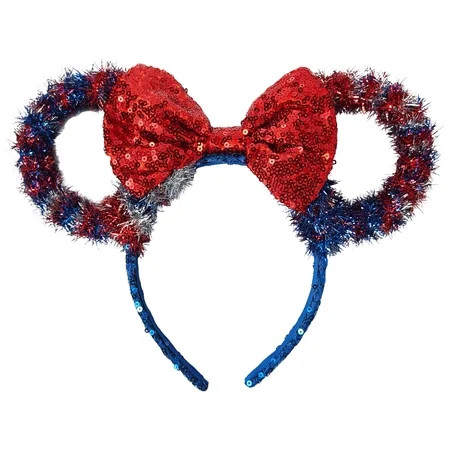LUV HER Disney Patrotic Purple Tinsel Ear Headband with Red Sequin Bow, Sparkly Patriotic Hair Accessories, 4th of July Outfits for Women | Walmart (US)