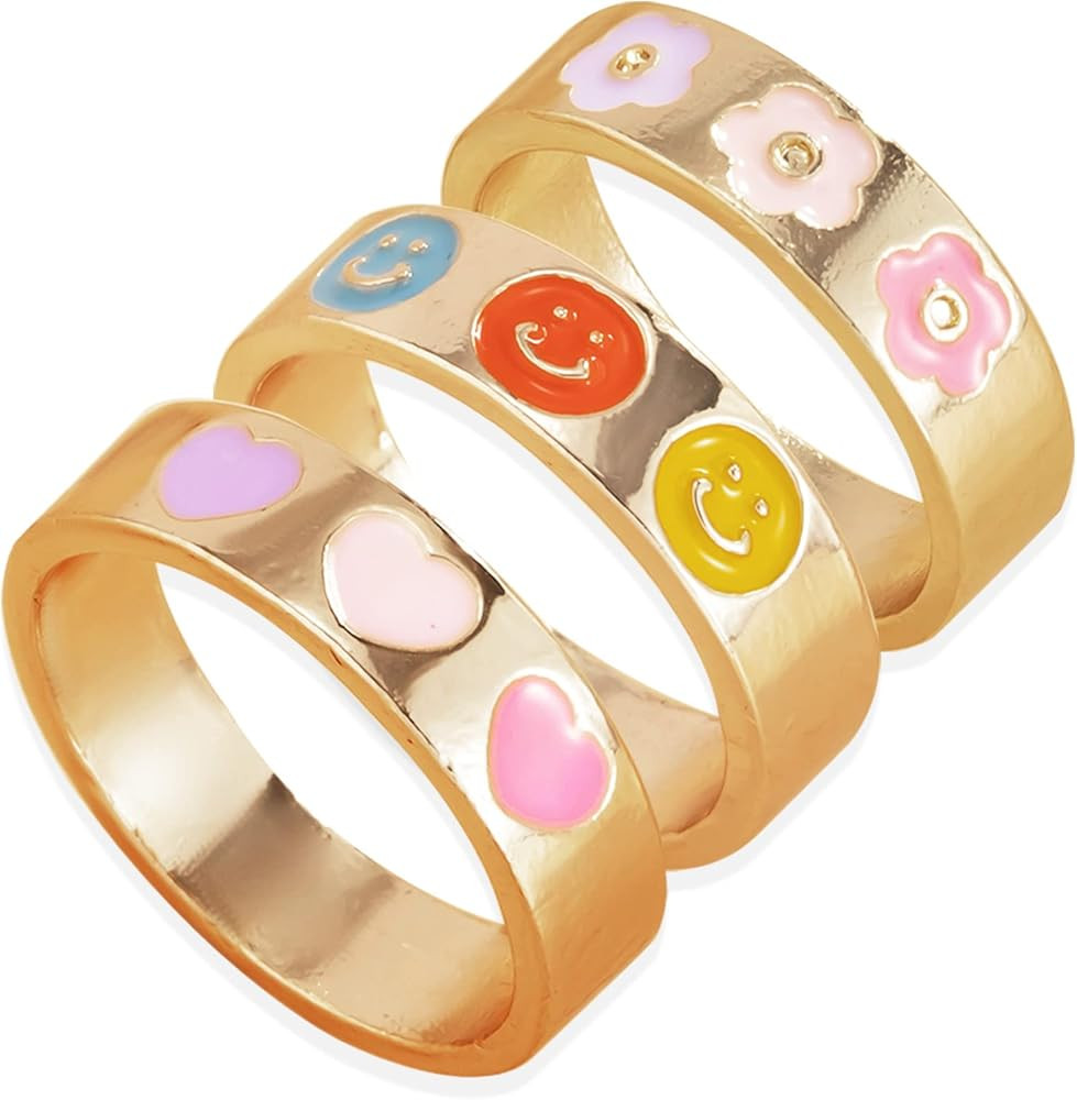 3Pcs Preppy Rings aesthetic Colorful Enamel Ring for Women Cute Smile Flower Heart Ring Sets Trendy  | Amazon (US)