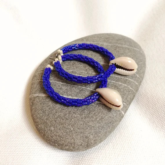 Cowrie Hoops: hand woven blue Miyuki beads hoop earrings with cowrie shell | Etsy (US)
