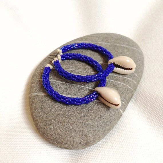Cowrie Hoops: hand woven blue Miyuki beads hoop earrings with cowrie shell | Etsy (US)
