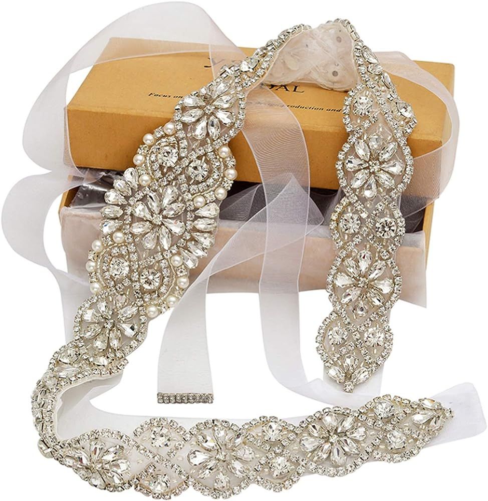 yanstar Bridal Belt Hand Rhinestone Wedding Belt Clear Crystal 22In Length with White Organza Rib... | Amazon (US)
