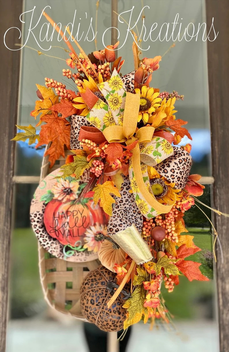 Fall door hanger, fall tobacco basket, leopard door hanger, fall decorations, fall decor, fall fr... | Etsy (US)