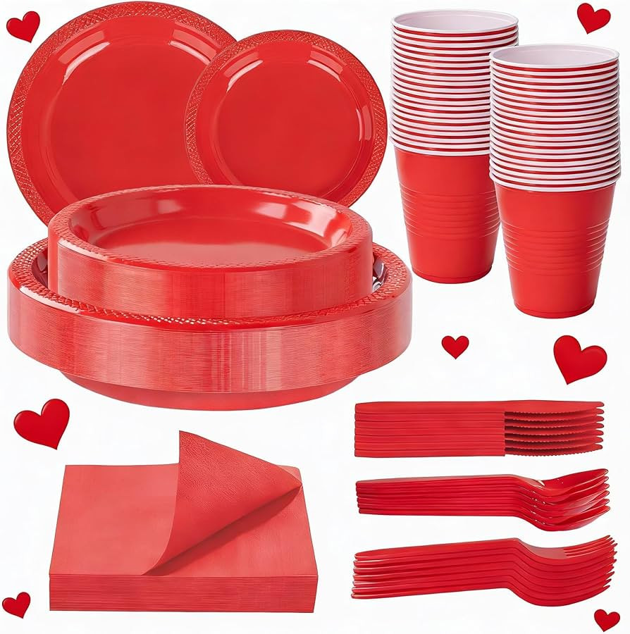 WELLIFE 210 PCS Red Plastic Plates for 30 Guests - Disposable Dinnerware Set Including Dinner Pla... | Amazon (US)